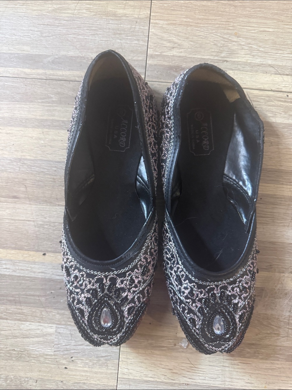 Beaded Black and Pink Embroidered Slip-On Flats